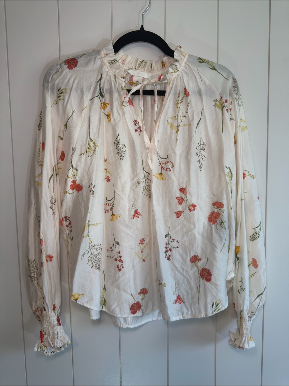 H&M White Floral Tie-Neck Blouse with Coral and Yellow Blossoms